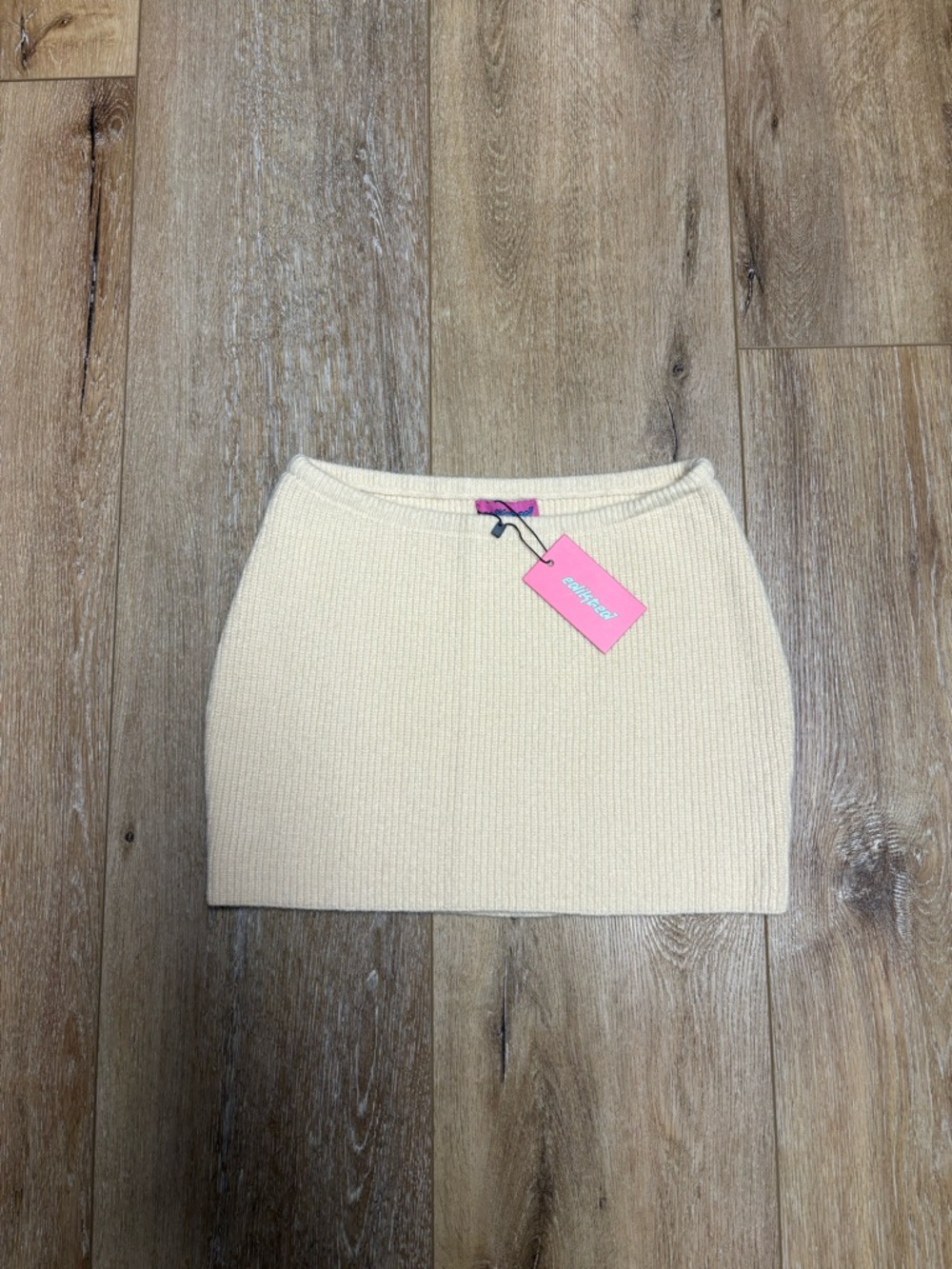 Edikted Cream Ribbed Knit Mini Skirt